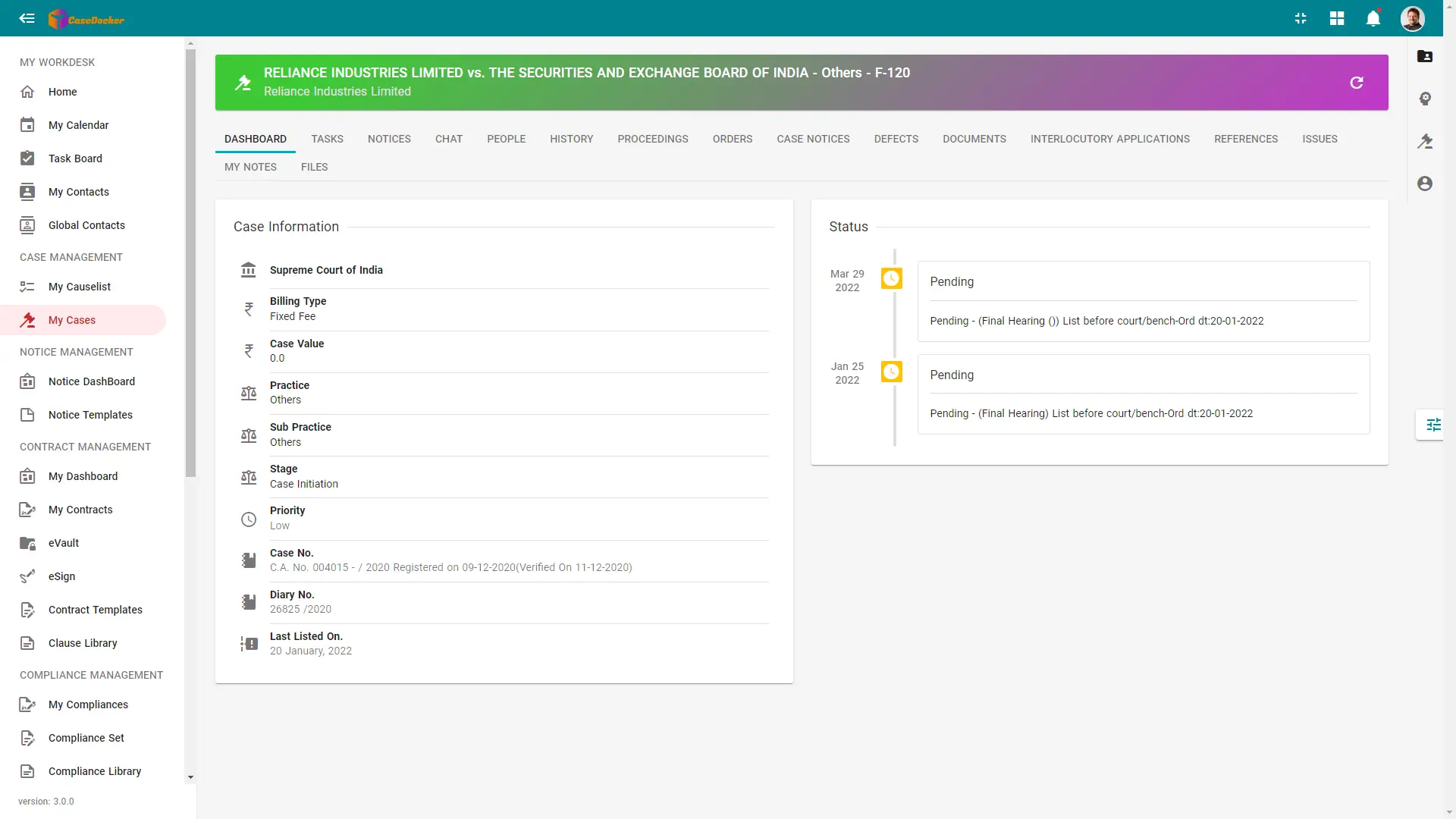 Digital case file with documents and matter details