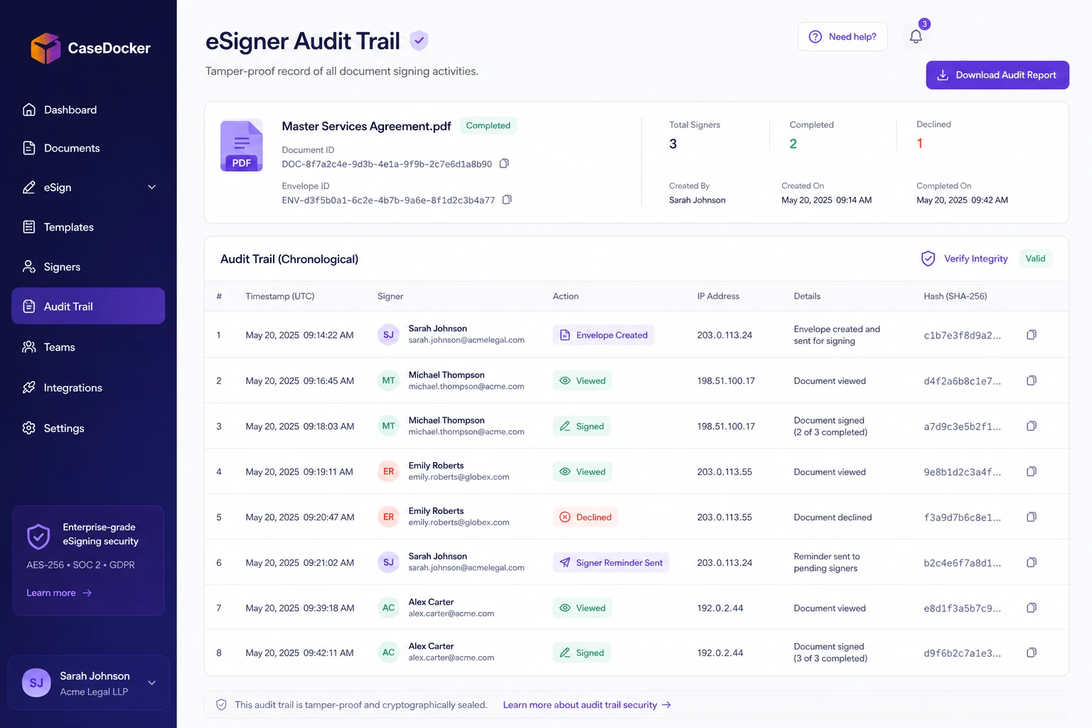 Document eSigner audit trail with signer evidence and timestamps