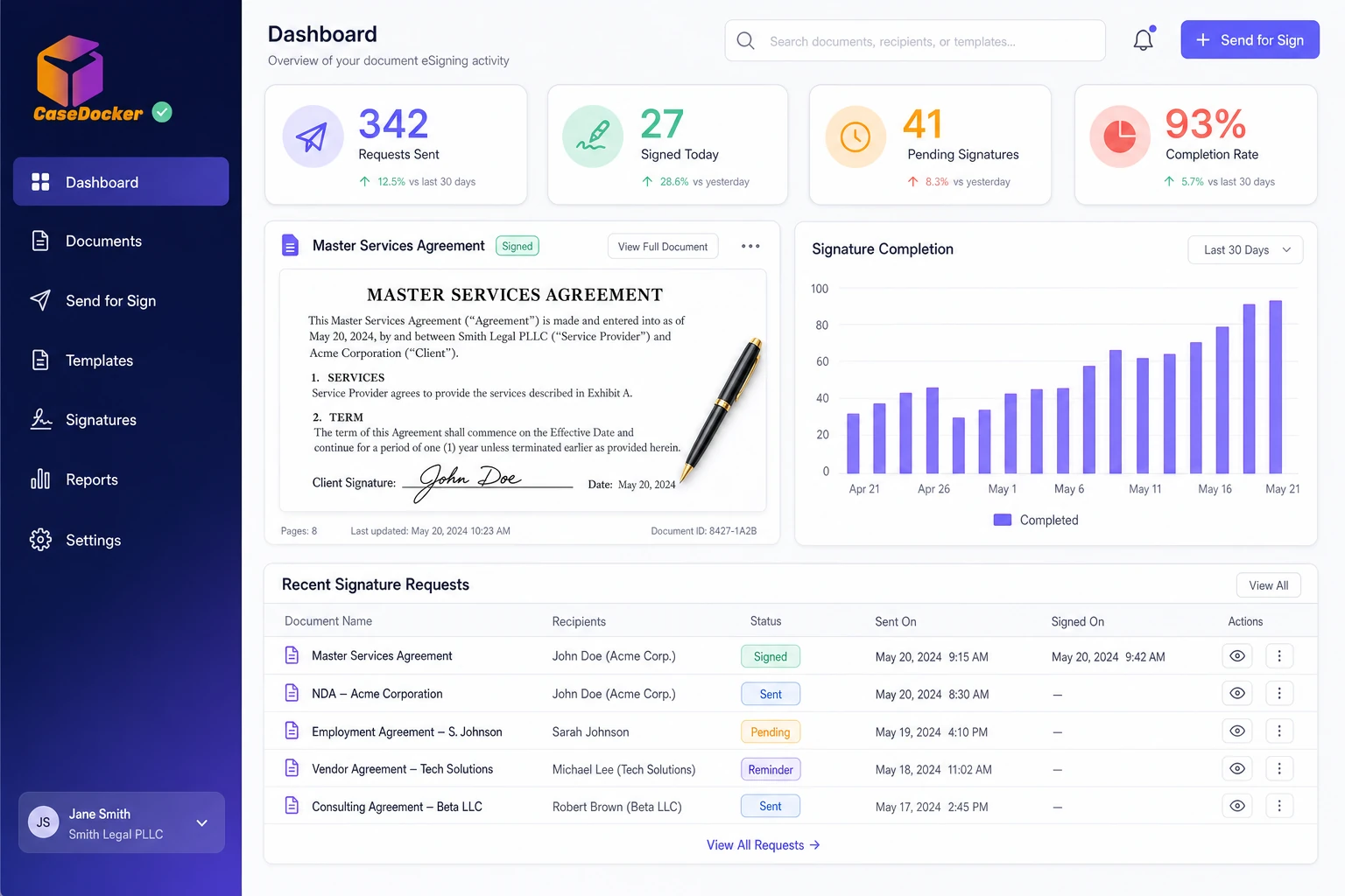 Document eSigner dashboard inside CaseDocker